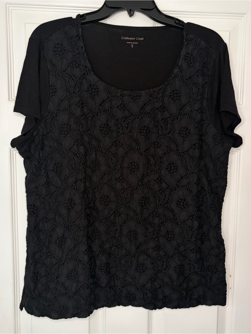 Coldwater Creek Black Floral Lace Short Sleeve Blouse